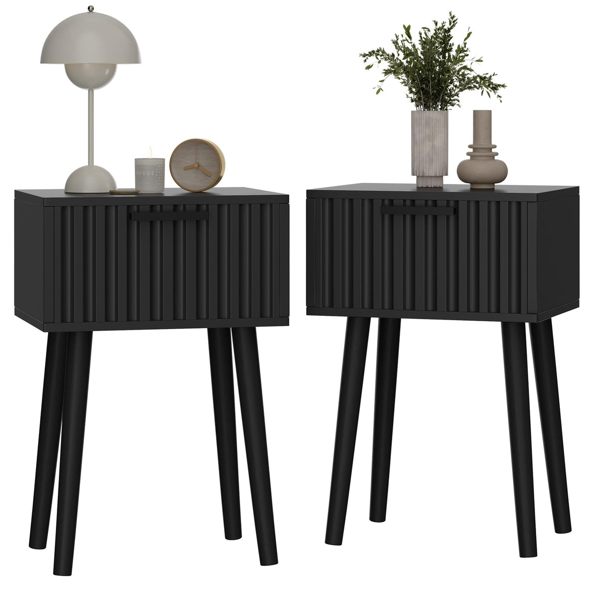 YMYNY Fluted Nightstand Set of 2, Small End Table, Modern Coffee Table with Drawer, Solid Wood Legs, Retaining Chain, 35x27x53cm