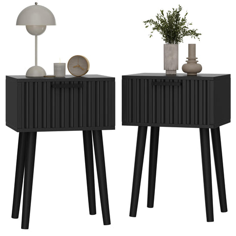 YMYNY Fluted Nightstand Set of 2, Small End Table, Modern Coffee Table with Drawer, Solid Wood Legs, Retaining Chain, 35x27x53cm