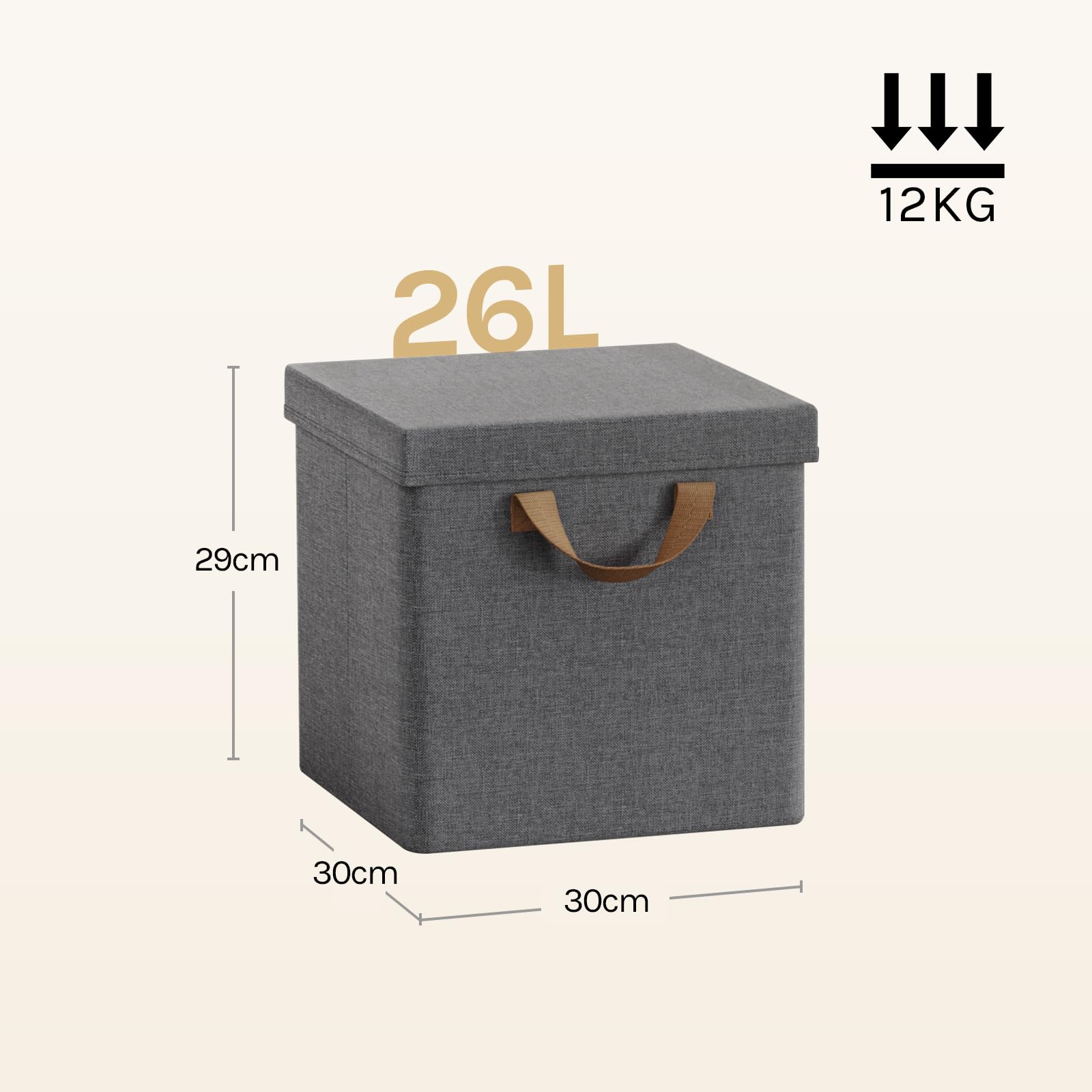 WOLTU Fabric Storage Boxes Set of 5, Folding Baskets with Lids, Handles, Metal Frame, Wardrobe Toy Organisers for Living Room, Bedroom, Office, Grey