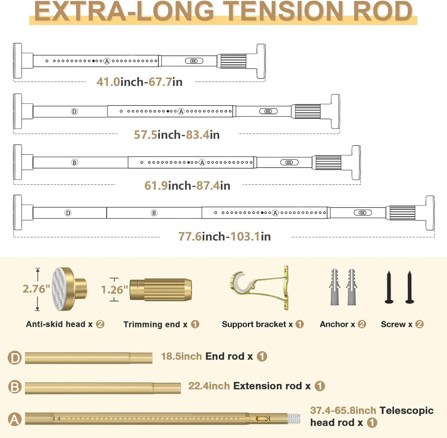 ZipGlo Extendable Shower Curtain Pole 104-262cm Gold Tension Curtain Rod