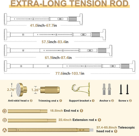ZipGlo Extendable Shower Curtain Pole 104-262cm Gold Tension Curtain Rod