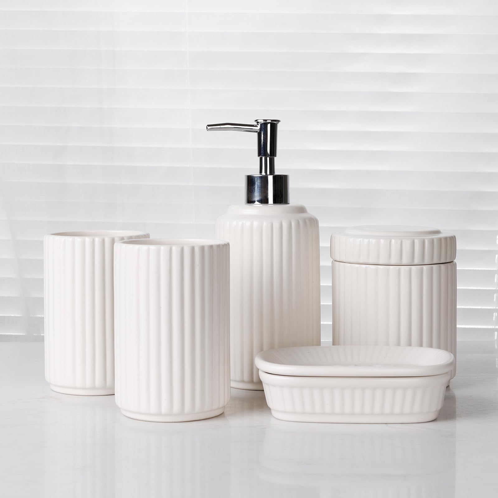 Bathroom Accessories Set 5PCS, Ceramic White Bathroom Accessory Set, Classic Design Bathroom Accessories Sets Complete