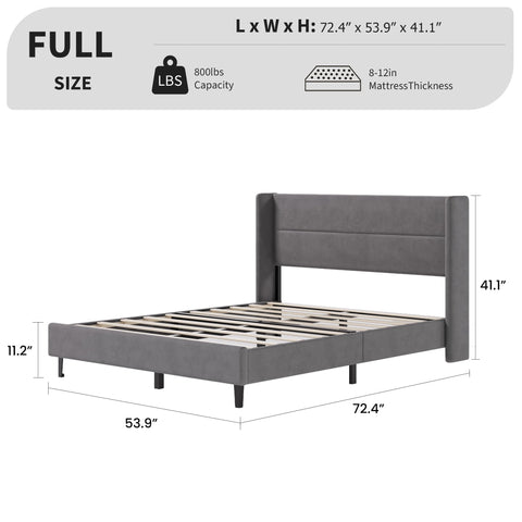 Crevyteg Double Bed Frame 72.4 x 53.9 x 41.1in with Wingback Headboard, Velvet Upholstered Platform Bedframe with Wood Slats, No Box Spring Needed
