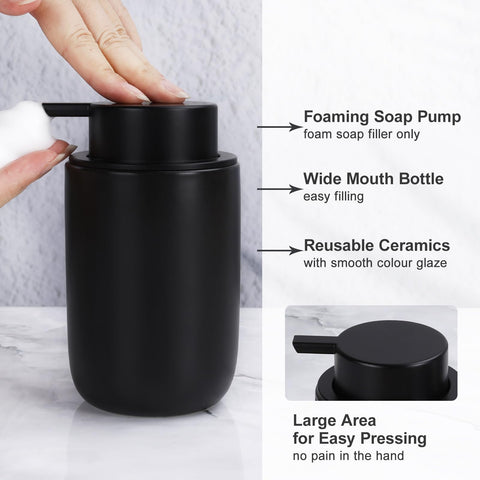 BosilunLife 4 pcs Ceramic Bathroom Accessories Set - Black Bathroom Counter Soap Set, Foam Dispenser, Soap Dish, Toothbrush Holder/Tumbler