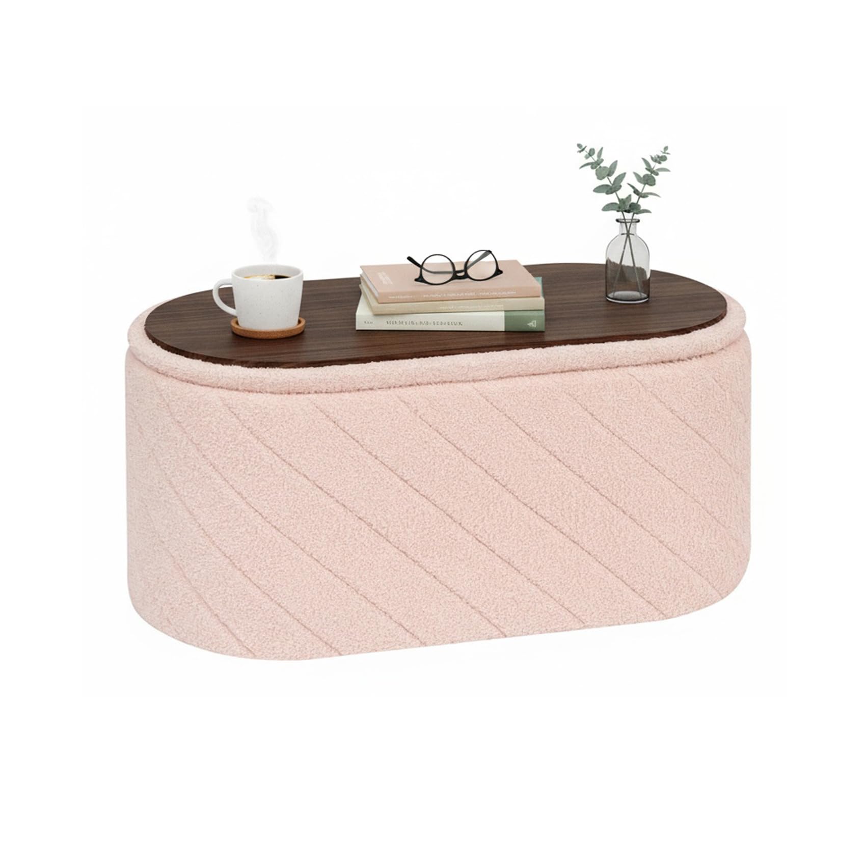 Bonlife Oval Ottoman Storage Bench, Folding Foot Rest with Lid, Boucle End of Bed Bench,Foostool for Living Room,Bedroom,Entryway,Pink,76x38x38cm