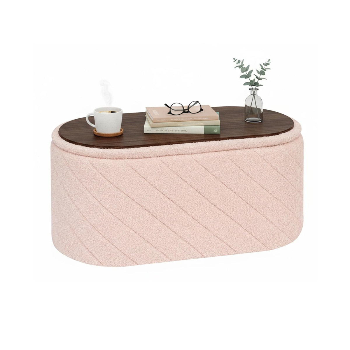 Bonlife Oval Ottoman Storage Bench, Folding Foot Rest with Lid, Boucle End of Bed Bench,Foostool for Living Room,Bedroom,Entryway,Pink,76x38x38cm