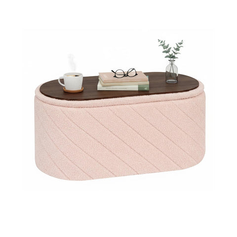 Bonlife Oval Ottoman Storage Bench, Folding Foot Rest with Lid, Boucle End of Bed Bench,Foostool for Living Room,Bedroom,Entryway,Pink,76x38x38cm