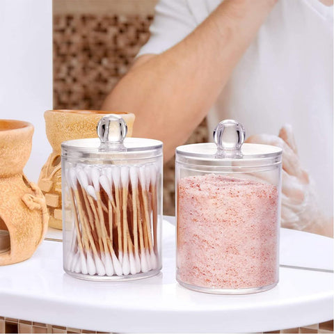 Tharvolex Clear Plastic Cotton Bud Holder 10 Oz Bathroom Jars with Lids - 4 Pack for Cotton Pads and Balls