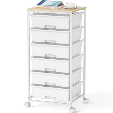 6-Drawer Craft Organizer Trolley Cart with Wooden Top, White