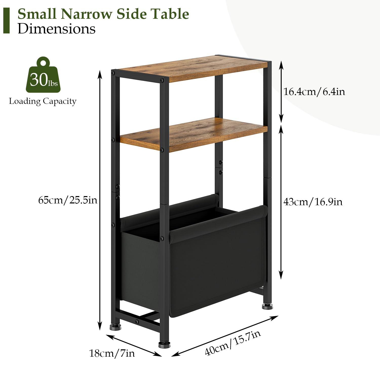 Wooruy 7" Narrow Side Table,Slim End Table with Shelves & Storage Bag