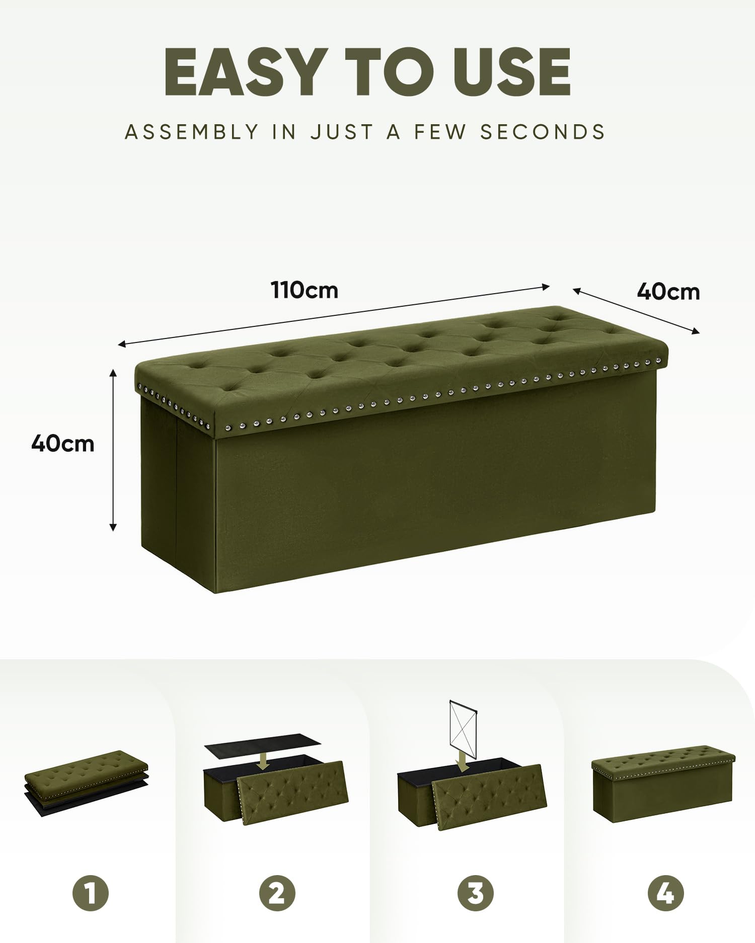 Bonlife Velvet Storage Ottoman, Folding Footstool Space-Saving Bench,110cm