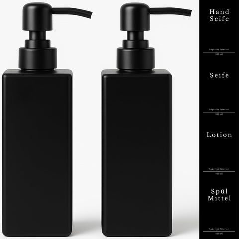 Soap Dispenser Glass Black Matt Pack of 2, 350 ml with Stainless Steel Pump - Detergent Dispenser for Kitchen