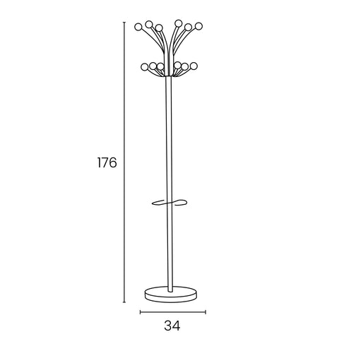 UNILUX Hakea Coat Stand Chrome-Plated Steel and Black Plastic with 12 Round Clothes Hooks and Adjustable Umbrella Stand 176 cm High