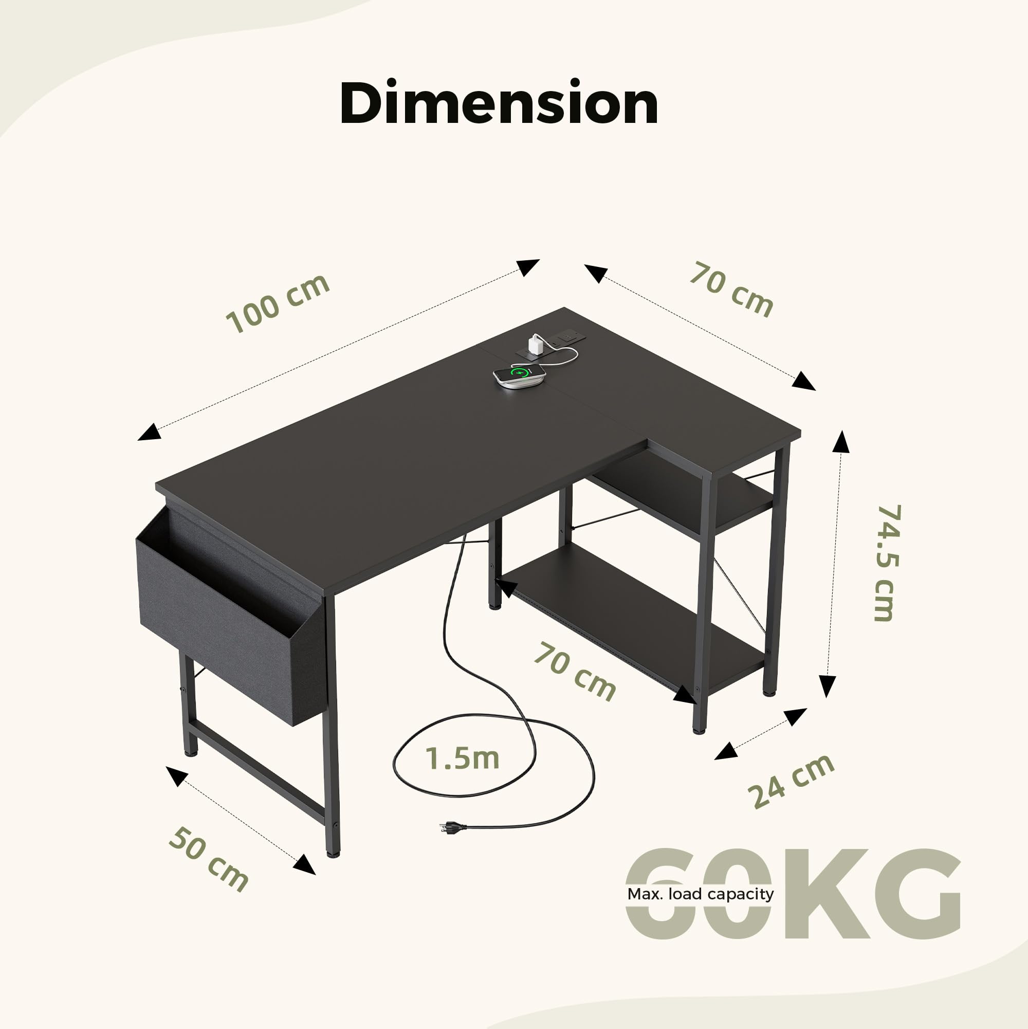 Mericonia Reversible Corner Desk, w. Power Outlets, 100x70cm, Black