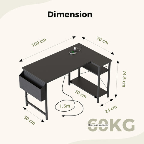 Mericonia Reversible Corner Desk, w. Power Outlets, 100x70cm, Black