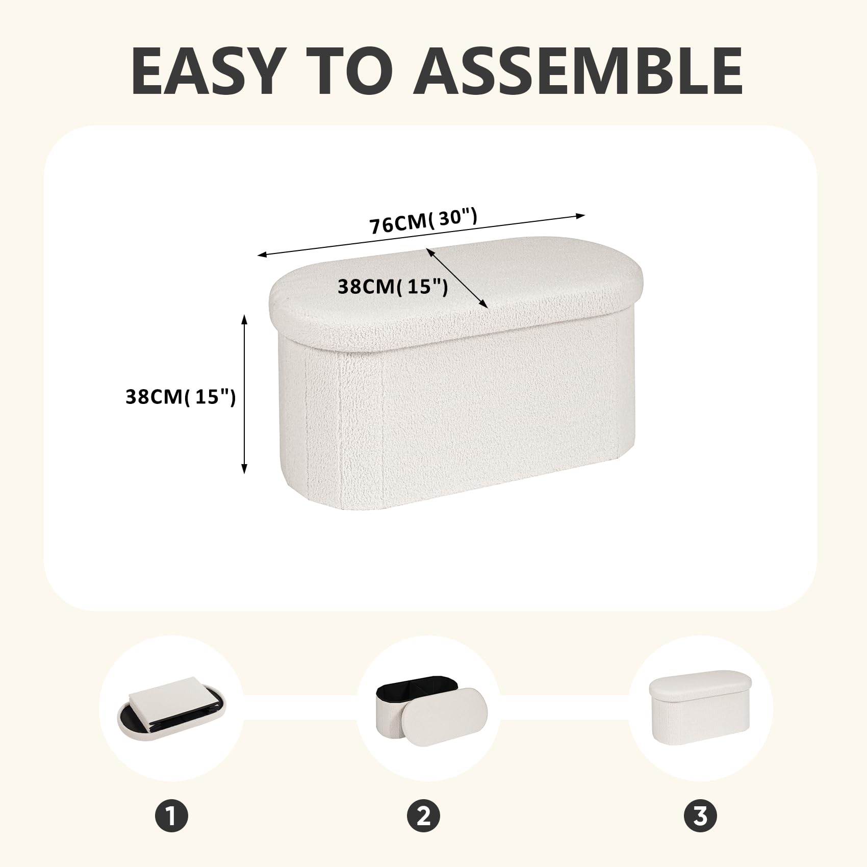PINPLUS Oval Storage Bench Folding Ottoman Boucle Cream White, 76x38x38 cm