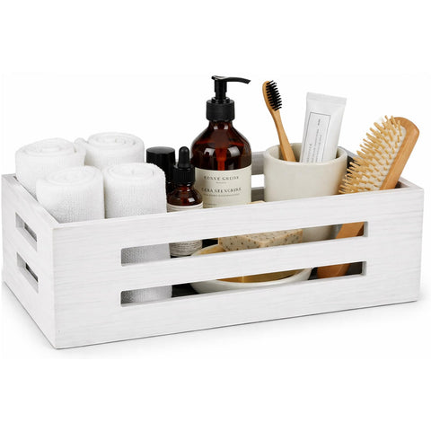 Punorric Wooden Toilet Paper Basket, White Bathroom Storage Basket with Handle, Toilet Paper Organiser Tray for Bath