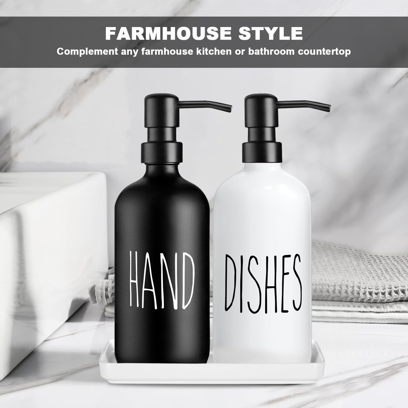 Glass Soap Dispenser Set: Modern Kitchen Sink Soap Dispenser Set of 2 with Ceramic Tray 500ML/17oz Bathroom Hand Wash Bottles,for Liquid Hand Soap
