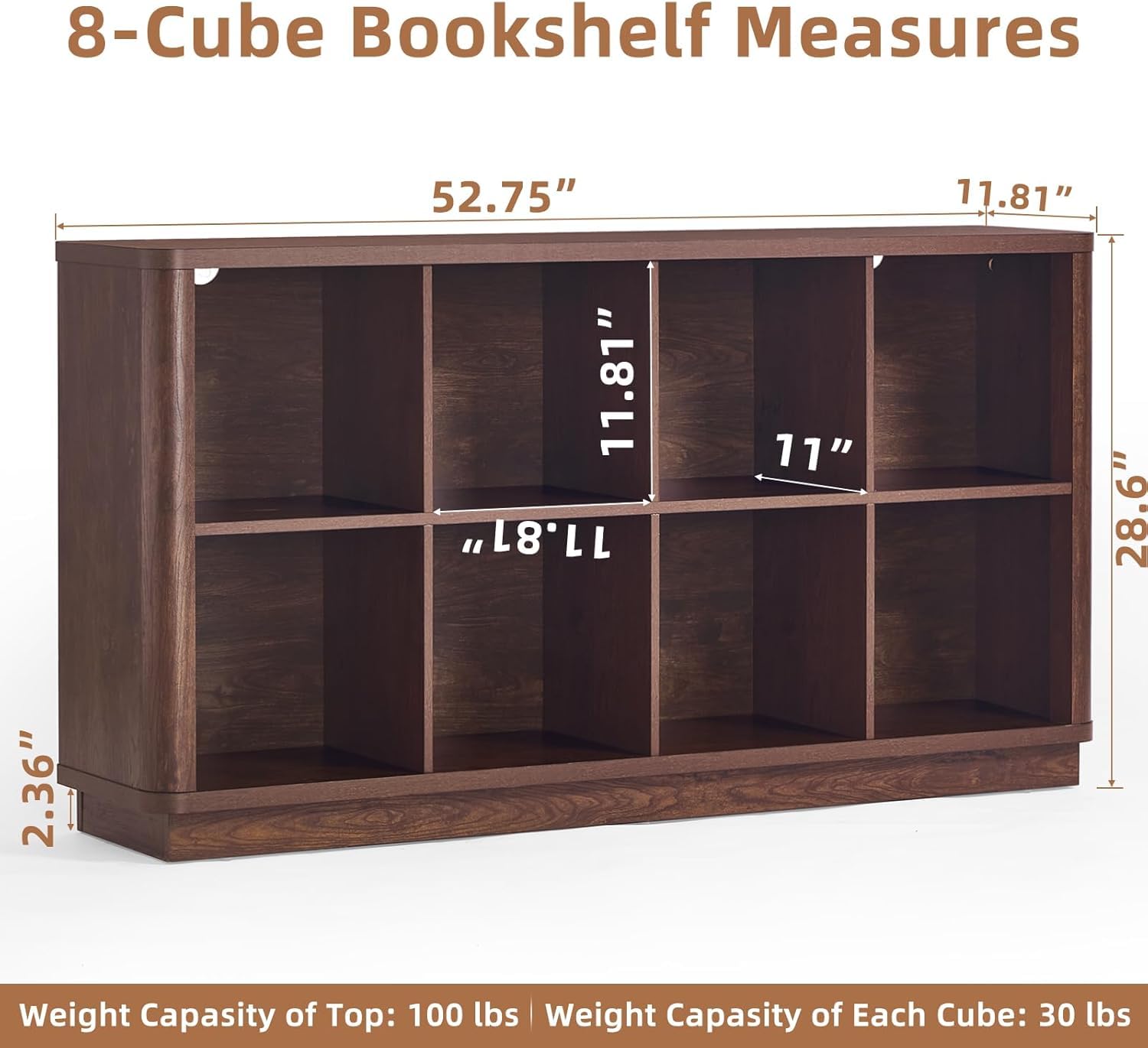LELELINKY 8 Cube Storage Bookcase, 53" Wide Wooden Book Shelf with Thickened Base, Freestanding 2-Tier Open Book Case Unit with Curved Edge