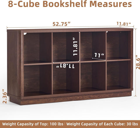 LELELINKY 8 Cube Storage Bookcase, 53" Wide Wooden Book Shelf with Thickened Base, Freestanding 2-Tier Open Book Case Unit with Curved Edge
