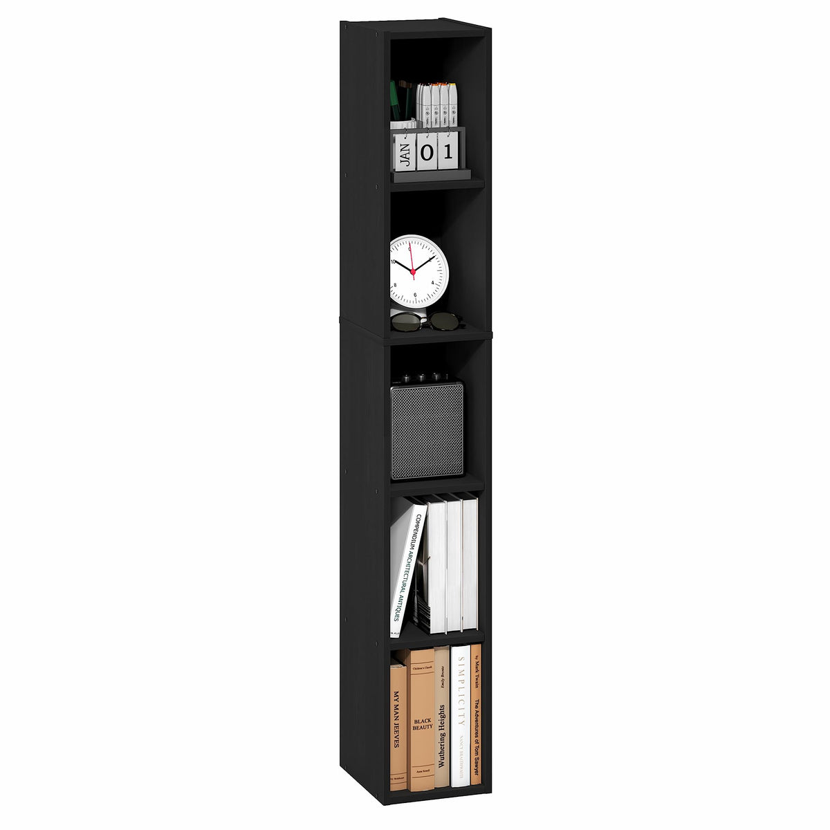 Furinno FULDA 5-Tier Tall Narrow Bookshelf, Standing Bookcase with 20.3 cm Width Storage Shelf, 23.6 x 20.1 x 131.8 cm, for Organization Storage