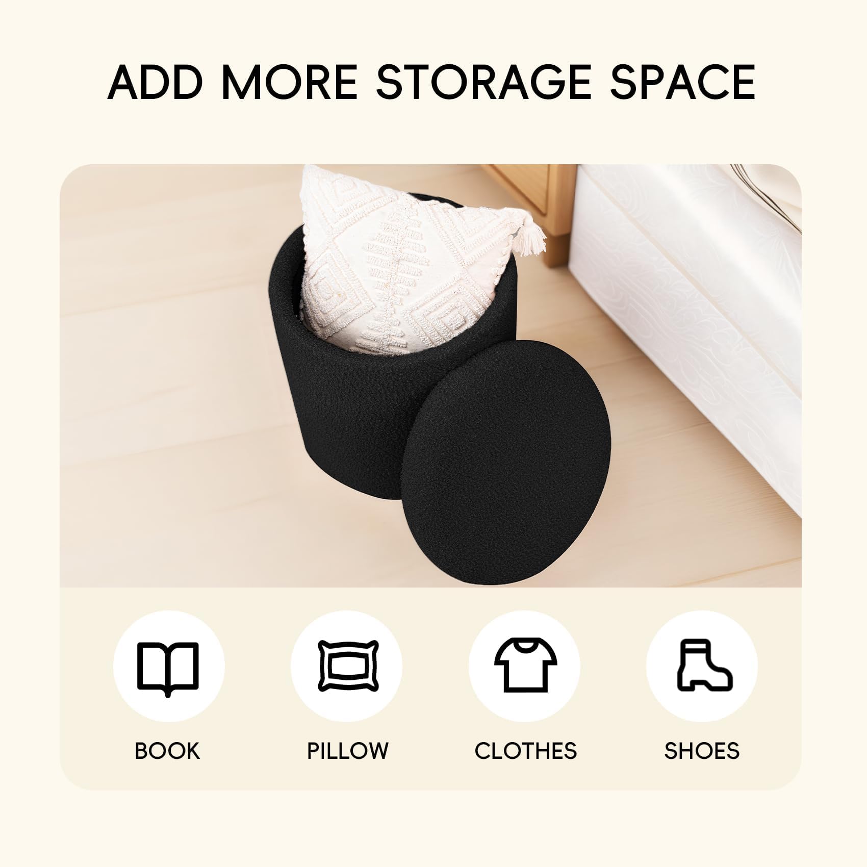 PINPLUS Round Ottoman Storage Box, Folding Stool, Black, 43x43x45 cm