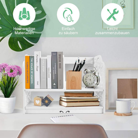 Ejoyous 2-Layer Desktop Bookcase, Bookcase Baroque Wood Carved Small Desktop Storage Shelf Multifunzionale Office Organizer for Placing Books File