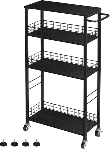CADUKE Slim Storage Cart Kitchen Rolling Utility Cart on Wheels 4 Tier Mobile Narrow Cart with Wood and Metal Handle Slide Out Storage Shelving Unit