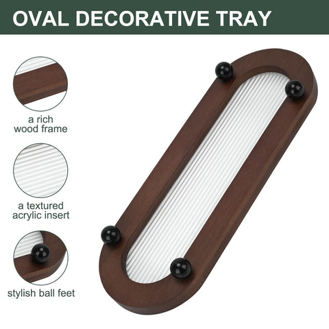 Decorative Serving Tray with Wood Frame and Embossed Clear Acrylic Insert, Oval Shape with Ball Feet, 30x11x3.5cm (Stripe)