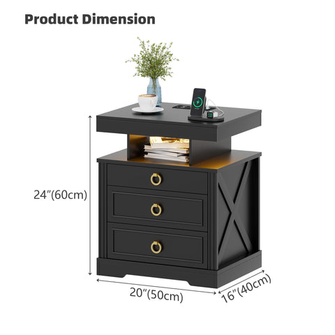 Lvifur Bedside Table with Charging Station,Human Sensor Lights for Bedroom