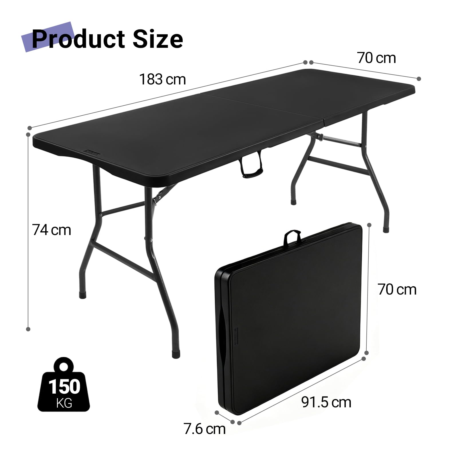 Byliable 183cm Folding Table with Carry Handle, Heavy Duty, Black