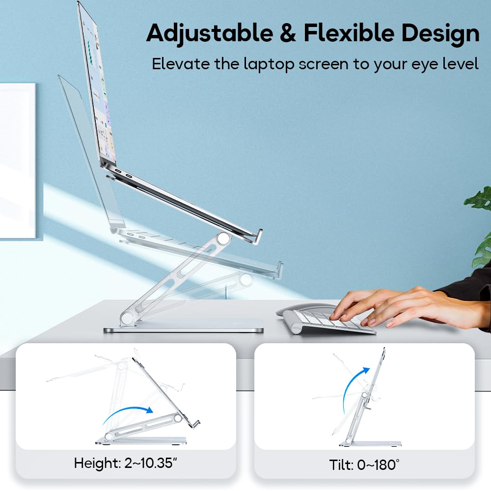 Deflecto Folding Adjustable Height Aluminium Laptop Stand with Vertical Vented Platform suitable for Laptops up to 17" in Silver