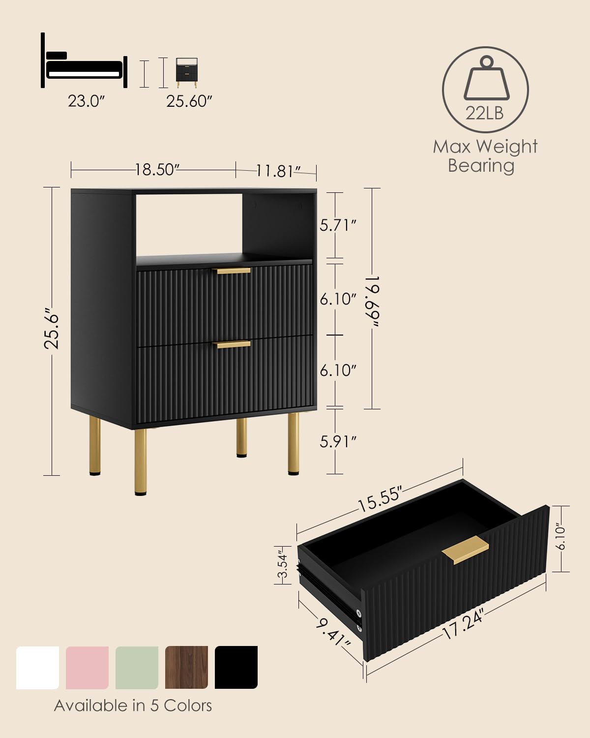 Apetaccat Bedside Table with 2 Drawers, Modern Bedside Cabniet with Metal Legs, Fluted Nightstand, Side Table for Bedroom, Living Room, Office