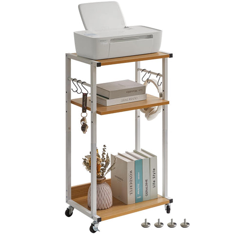 YMYNY 3 Tier Under Desk Printer Cart on Wheels Stand,Natural HPT002N