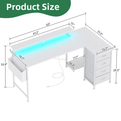 VERMESS Corner Desk with 4 Drawers, L Shaped Computer Desk with LED Lights & Power Outlets