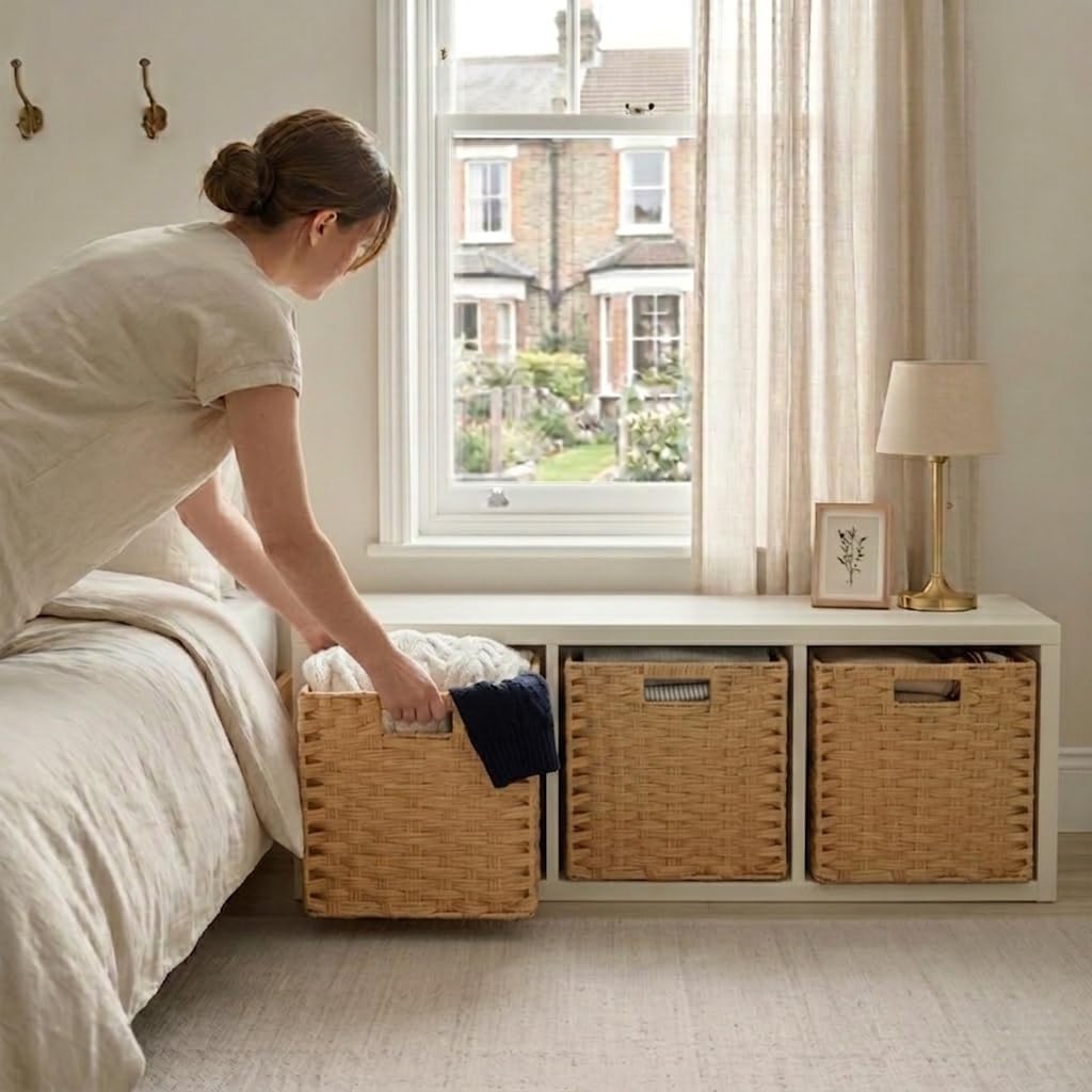SOCOHOME Cube Storage Box,31x31x31cm Faux Rattan Boxes for Toy Clothes Shelf Nursery Closet Waterproof,Non-Mouldy(Beige, 2 Pcs)