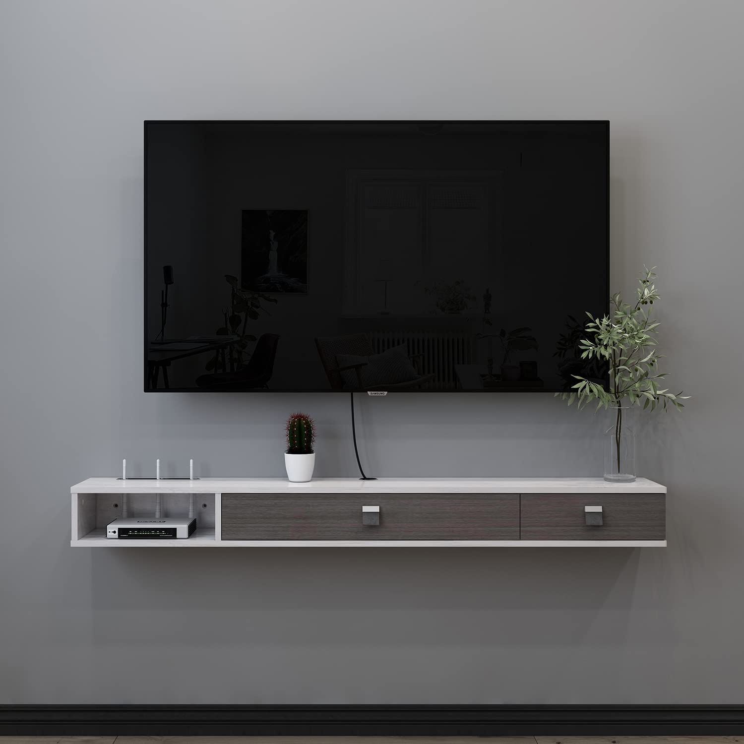 Pmnianhua Floating TV Unit, 47'' Wall Mounted TV Cabinet, Floating Shelves with 2 Doors