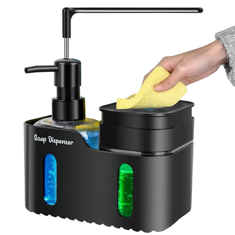 Hand Soap and Dish Soap Dispenser Set for Kitchen, Dual Soap Dispenser with Sponge Holderand Dishcloth Holder 4-in-1 Organizer for Kitchen Sink