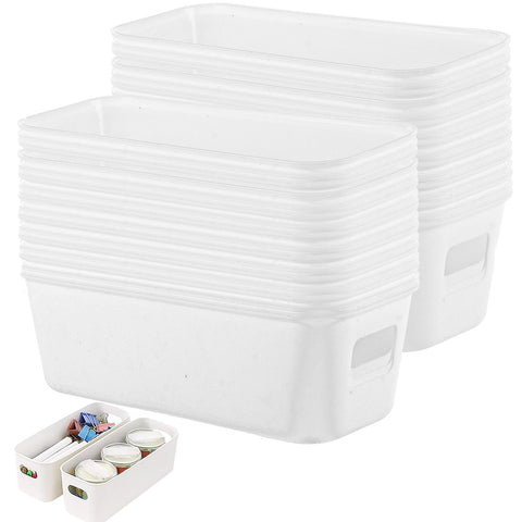 MUXHEL 18 Pack Small Storage Baskets 22x9x6.5cm White Plastic Storage Box with Built-in Handles Narrow Small Plastic Storage Baskets for Shelves