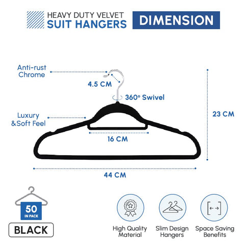 1ABOVE Premium Quality 50 pack Non-Slip Velvet Hangers (44cm) Heavy Duty Velvet Suit Hangers with Tie Bar, 360° Swivel Hooks – Space saving