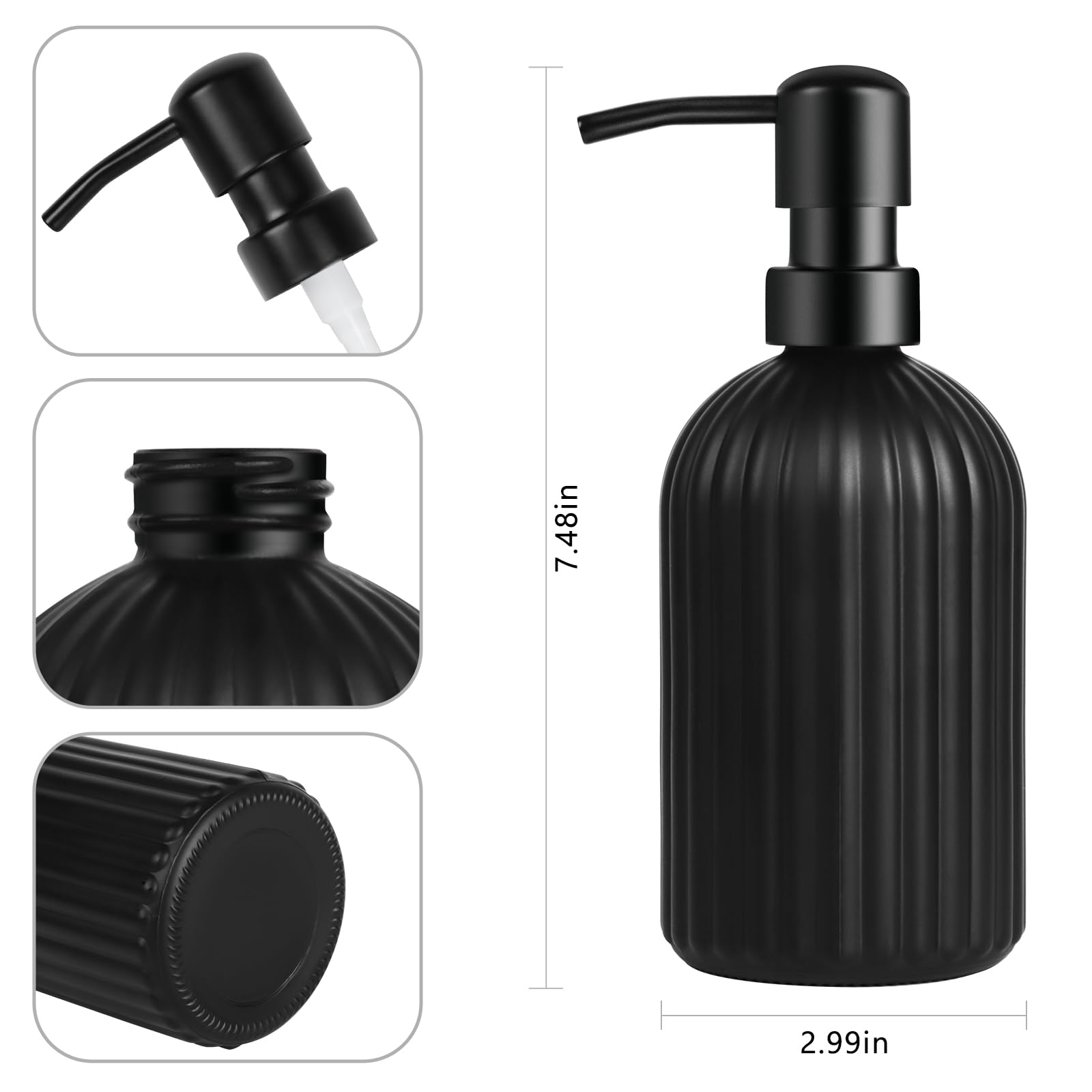 Matte Black Ribbed Glass Soap Dispenser, 400ml Refillable Countertop Hand Soap Bottle with Rust‑Proof Pump, for Kitchen, Bathroom & Laundry Room