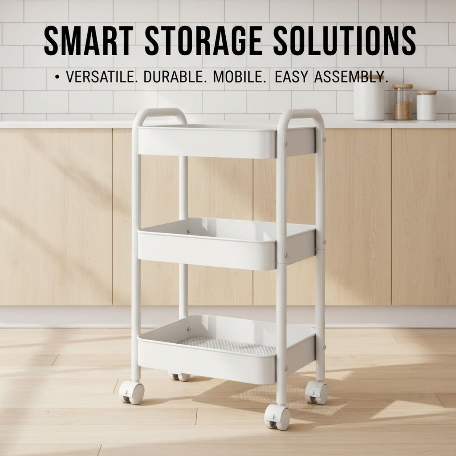 Nikphobos 3 Tier Storage Trolley, Metal Trolley Rolling Utility Cart on Wheels with Hooks, Multi-Purpose Organizer for Kitchen Bathroom Bedroom Office
