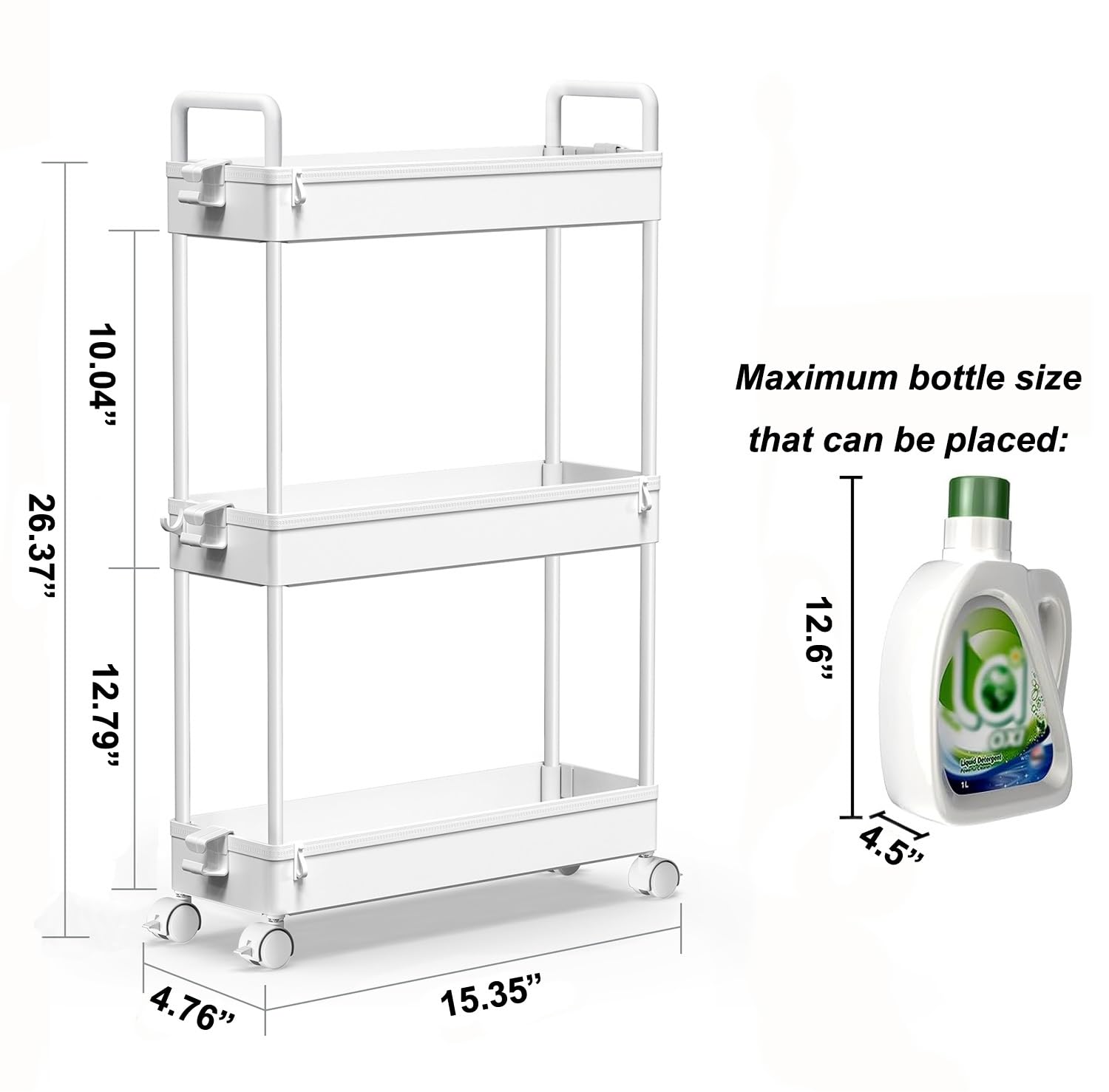 SOLEJAZZ Rolling Trolley, Kitchen Trolley with 3 Levels, Narrow Rolling Trolley, Recess Shelf on Wheels for Kitchen, Bathroom, Laundry Room