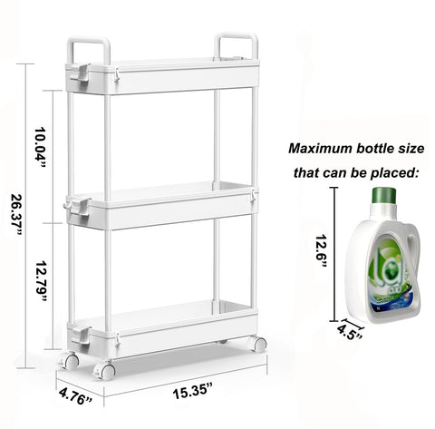 SOLEJAZZ Rolling Trolley, Kitchen Trolley with 3 Levels, Narrow Rolling Trolley, Recess Shelf on Wheels for Kitchen, Bathroom, Laundry Room