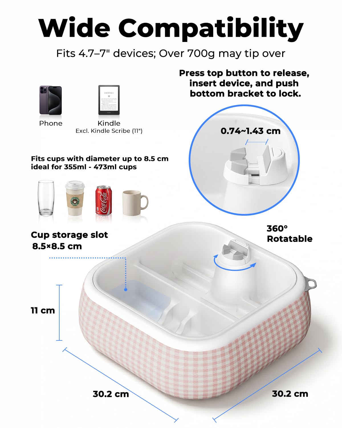 Viozon Couch Cup Holder Tray with Phone Stand, For 4-4.7" Device, Floating Bathtub&Pool Caddy, EPP Foam Sofa Arm Tray