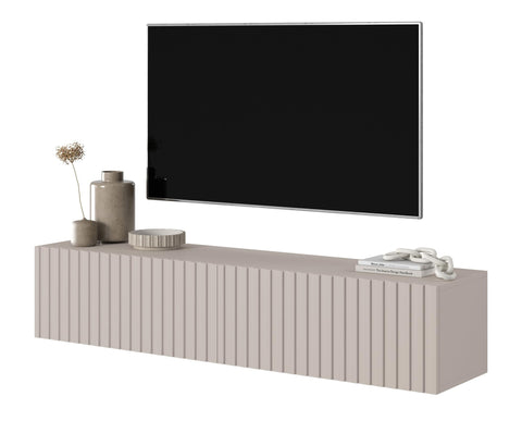 SELSEY Wooden Wall-Mounted TV Cabinet 138.6 x 31.6 x 30 cm for TVs Up to 60'', Taupe Grey Finish with Slatted Front, MDF Body