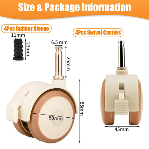 4 Pcs Swivel Double Castors with Rubber Sleeve and Brakes, Metal Plunger Stem Design Small Furniture Wheels, Crib Replacement Caster for Cabinet