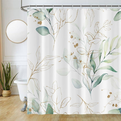 Uiiooazy Eucalyptus Shower Curtain, Sage Green Gold Leaves Pattern Bath Curtain Mildew and Mould Resistant Waterproof Polyester Fabric Washable