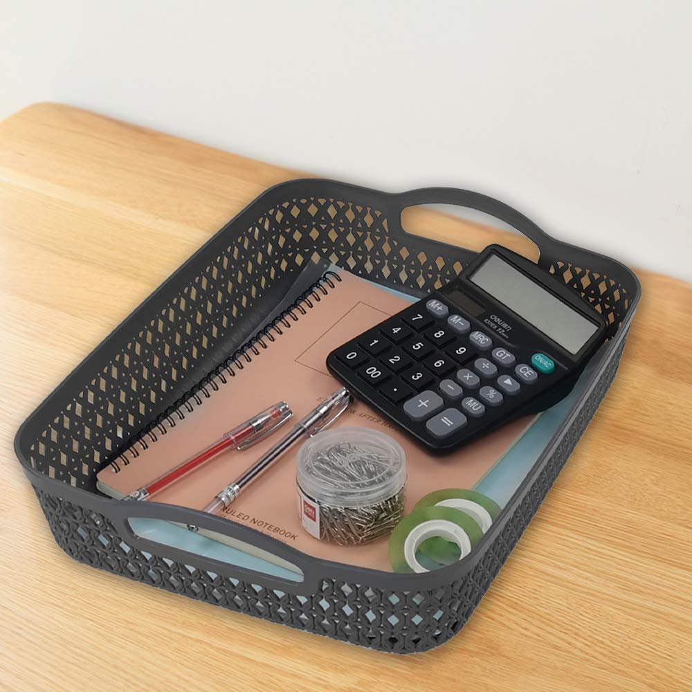 Zerdyne Set of 6 Large Plastic Storage Basket Tray, Gray Shallow Kitchen Storage Basket Tray with Handle