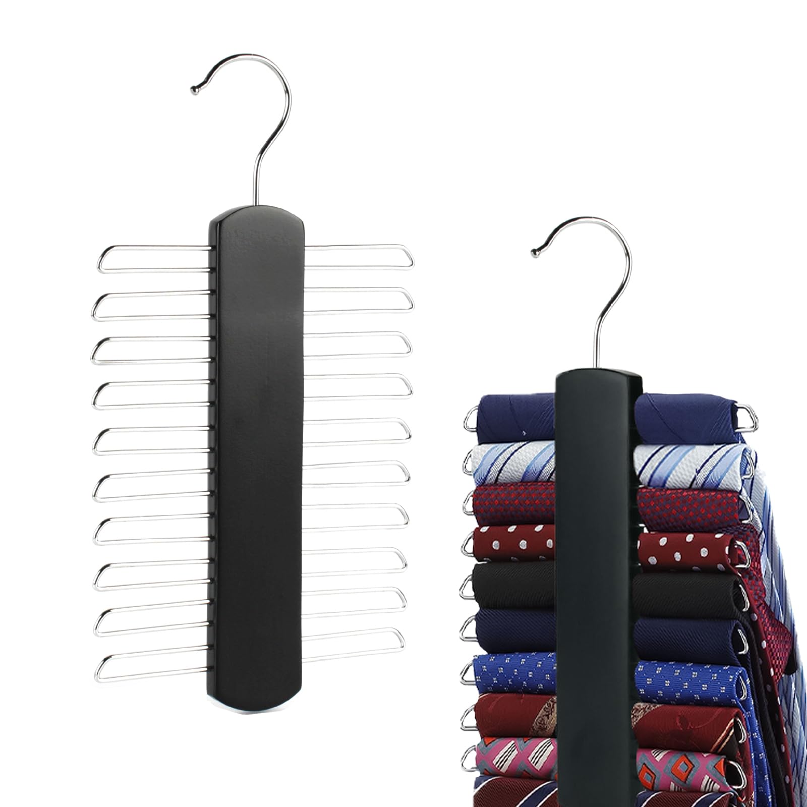 Kaizuca 2 Piece Wooden Tie Hanger, Swivel Tie Racks, Tie Belt Rack, with 20 Metal Partitions and 360 Degree Rotating Clothes Hook, for Hanging Belts